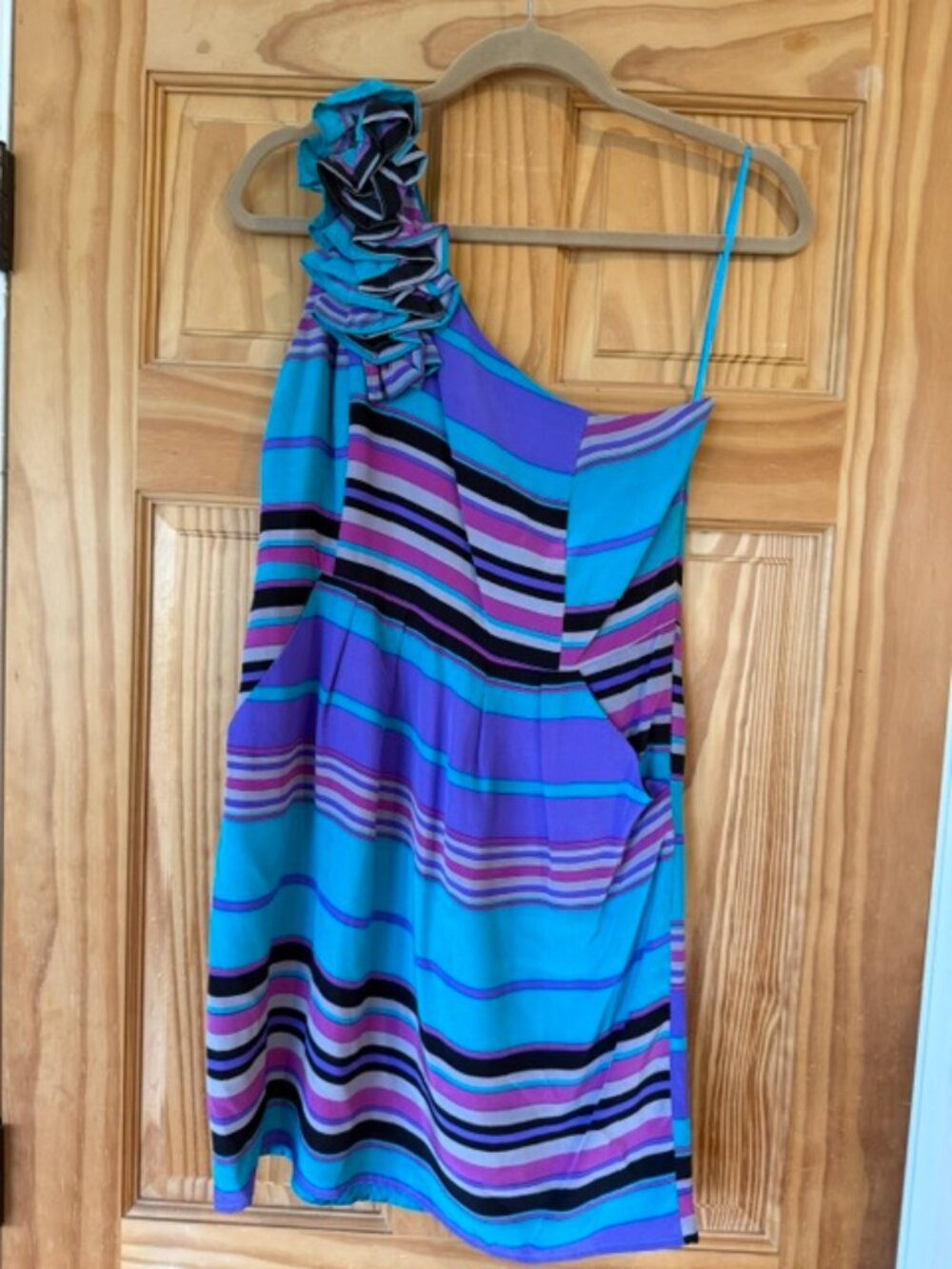Yumi Kim Silk Dress M Striped Blue Purple Ruffle Sleeveless Mini Cocktail SM105